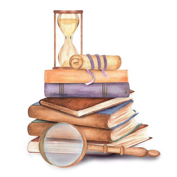 一堆带卷轴的书，上面有沙漏和放大镜。关于阅读主题的剪贴画元素。图书馆，书店，书店，大学，手绘水彩插画。图片下载