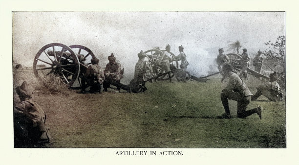 军事历史，英属印度军队的炮兵在行动中，士兵发射大炮，19世纪的复古照片图片下载