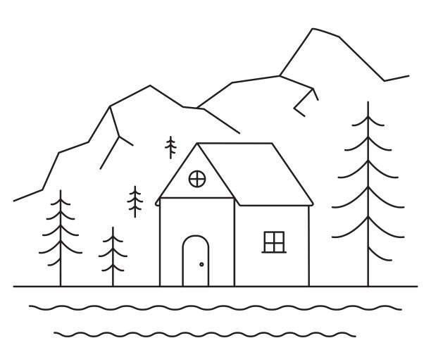 房子，小屋在山上，矢量极简主义插图。山地景观黑白矢量，插图，素描。山的轮廓。图片下载