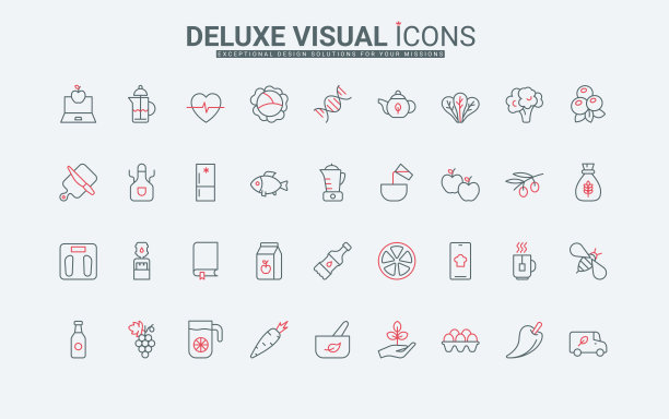 饮食健康营养，食品饮料在线食谱手机应用程序行图标集图片下载