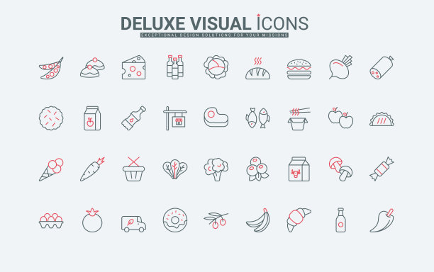 杂货食品清单，水果和蔬菜，肉类和鱼类，乳制品线图标集图片下载