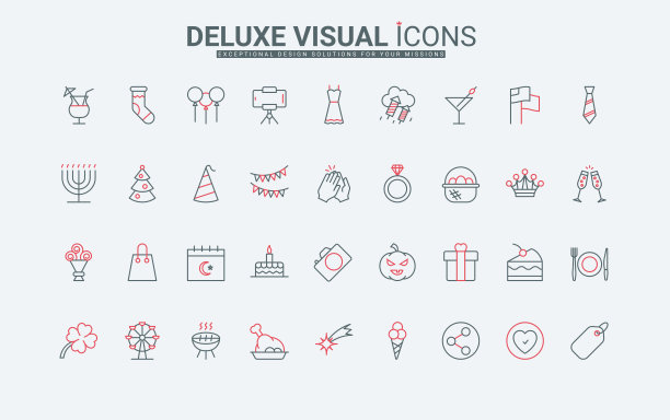 有趣的聚会和节日活动线图标集，圣诞节和生日装饰，食物图片下载