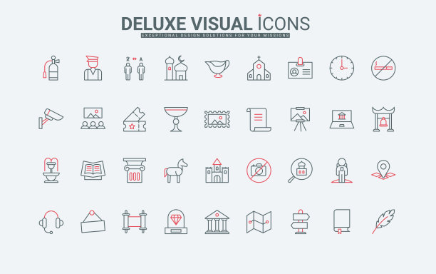 博物馆展品和建筑、文物陈列馆的历史文化线图标集图片下载