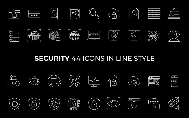 安全图标设置成直线样式。网络安全，网络保护，手机app，密码，间谍，安全系统，指纹，电子矢量插画。图片下载