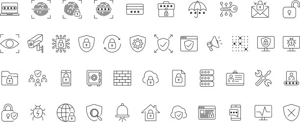 安全图标设置成直线样式。网络安全，网络保护，手机app，密码，间谍，安全系统，指纹，电子矢量插画。图片下载