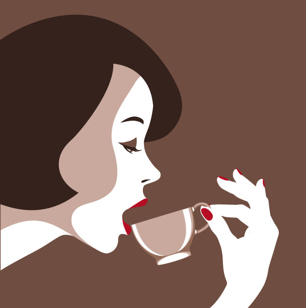 一个侧面的年轻美女用杯子喝咖啡。图片下载