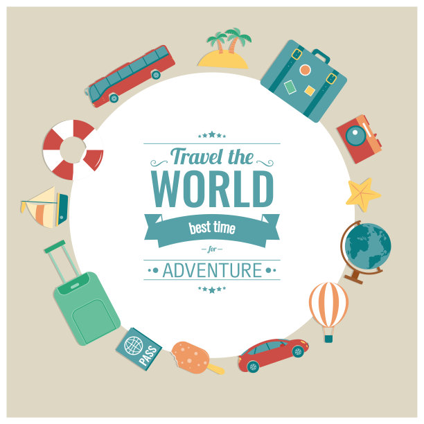 旅游组成与平面设计图标。夏天的背景。向量图片下载