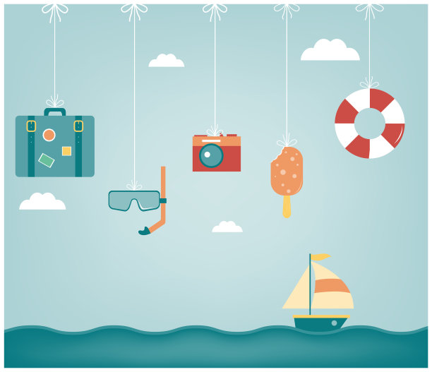 旅游组成与平面设计图标。夏天的背景。向量图片下载