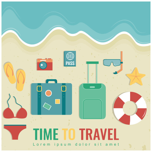 旅游组成与平面设计图标。夏天的背景。向量图片下载