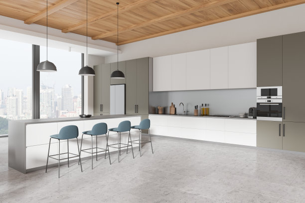 豪华厨房内饰，用餐和烹饪空间，全景窗户图片下载