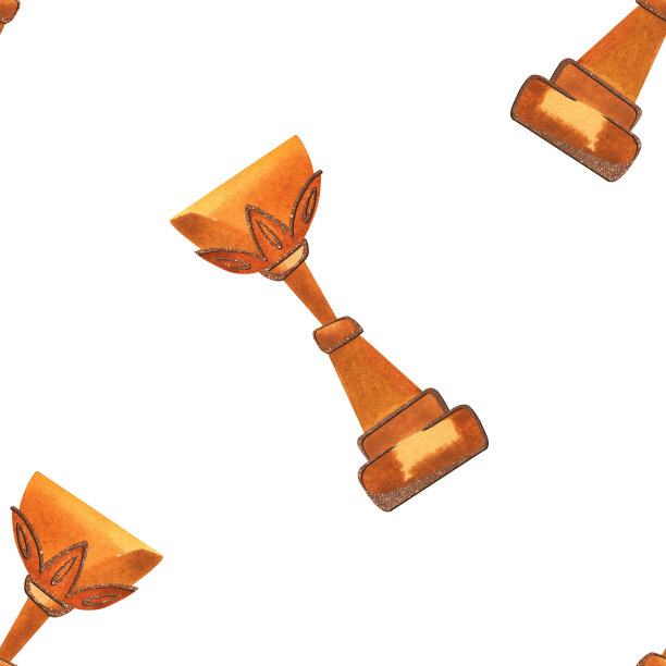 比赛优胜者奖品:带有闪闪发光的杯子和奖牌的无缝图案。颁奖典礼水彩画设计。图片下载