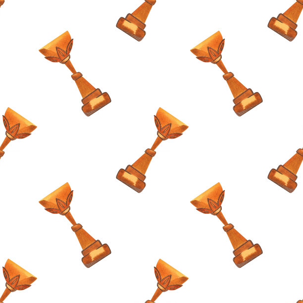 比赛优胜者奖品:带有闪闪发光的杯子和奖牌的无缝图案。颁奖典礼水彩画设计。图片下载