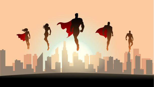 矢量超级英雄团队剪影在城市股票插图飞行图片下载