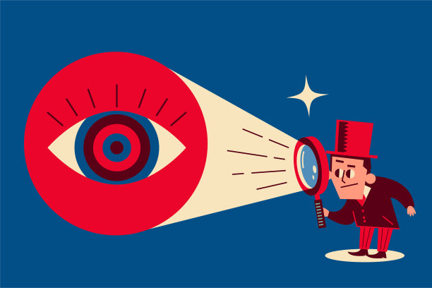 侦探、商人或科学家通过有一只大眼睛的放大镜进行检查。洞察力和发现，批判性分析和精确性，好奇心和探索图片下载