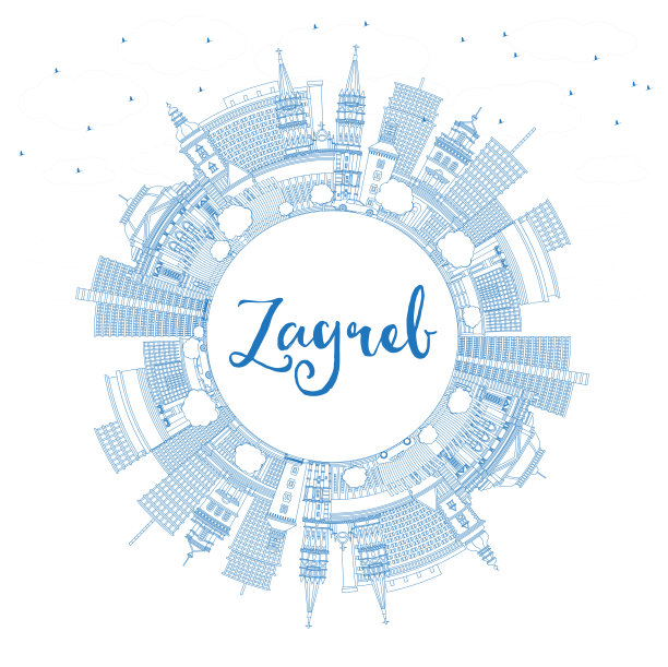 勾勒萨格勒布克罗地亚城市天际线与蓝色建筑和复制空间。萨格勒布城市景观与地标。商务旅行和旅游概念与历史建筑。图片下载