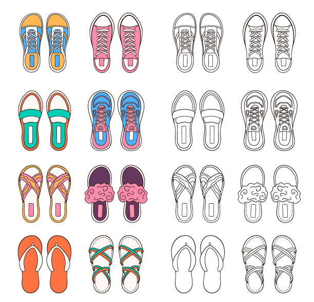 线条艺术风格的大女鞋收藏。鞋设计着色书。矢量插图孤立在一个白色的背景。图片下载