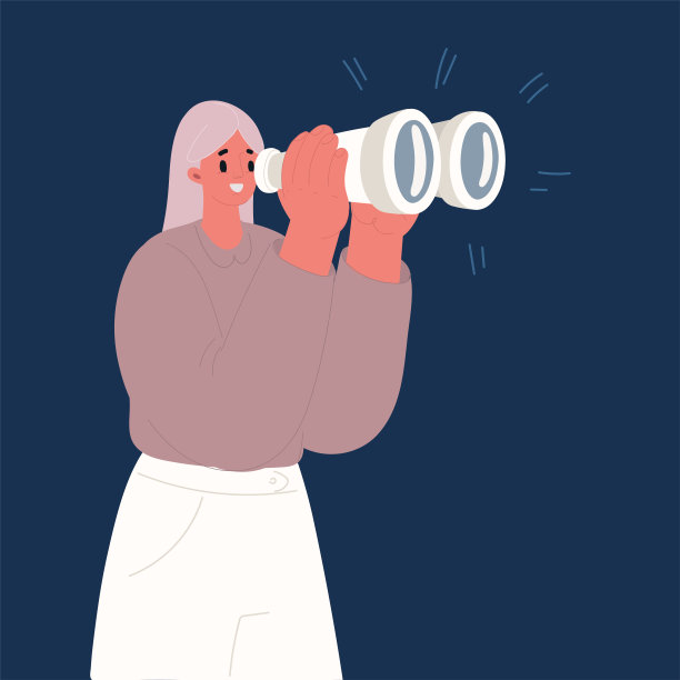 卡通矢量插图的快乐漂亮的女人看通过假装双筒望远镜。开朗美丽的年轻人拿着双筒望远镜的手势，看着远处，微笑着图片下载