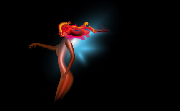 抽象艺术梦幻女孩。宇宙辉光火焰剪影视图侧。优秀的描绘轻女性身体火主题插画。图片下载