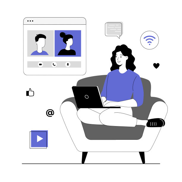 无线互联网连接技术。使用在线连接进行视频会议的女性。会议，社交网络，视频通话。矢量插图与线的人的网页设计。图片下载