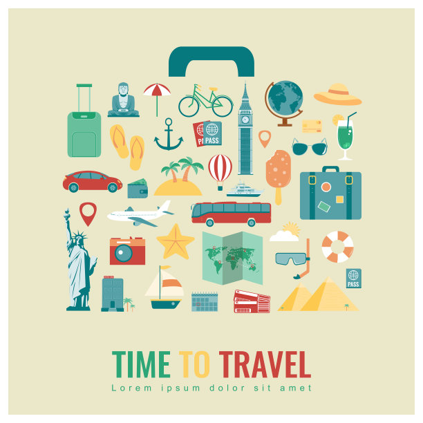 旅游组成与平面设计图标。夏天的背景。向量图片下载