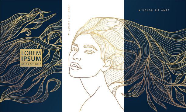 矢量集装饰艺术美背景。线条女性化，女性肖像配长发。水疗，沙龙，化妆品设计元素，概念，包装图片下载