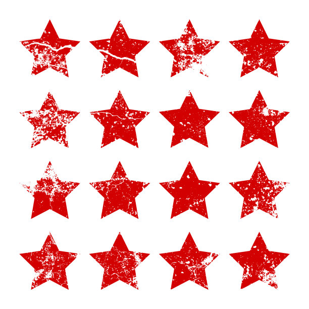 带有裂缝和污渍的红色复古星星。旧手绘招牌，黑色造型简单。复古设计元素与苦恼的效果，grunge纹理。矢量图图片下载