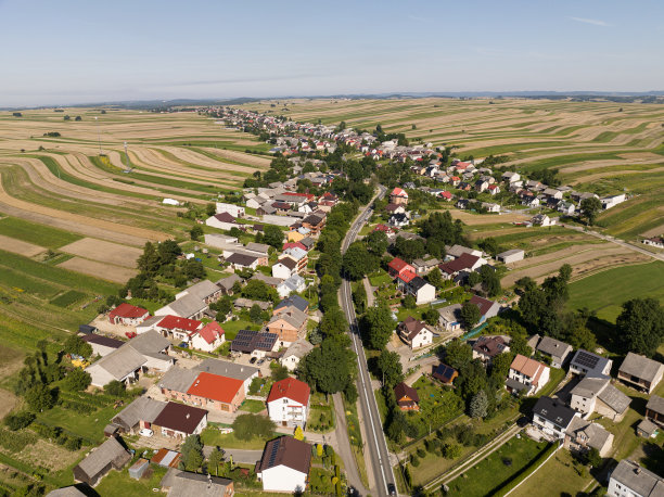 克拉科夫县的Suloszowa村。无人机在田间种植谷物的照片。波兰美丽的村庄，有房子和田地。从无人机的鸟瞰图中，村庄位于田野的中央。图片下载