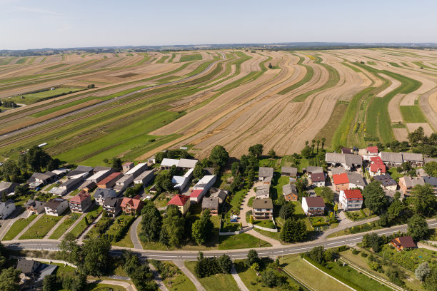克拉科夫县的Suloszowa村。无人机在田间种植谷物的照片。波兰美丽的村庄，有房子和田地。从无人机的鸟瞰图中，村庄位于田野的中央。图片下载