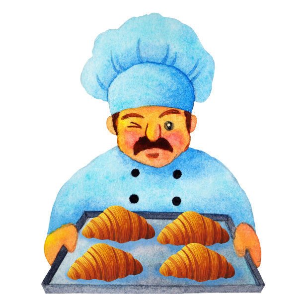 面包房厨师面包师新鲜的面包牛角包食品烹饪专业厨师长烘焙糕点美味的面包早餐餐艺术插图水彩画设计白色孤立的背景图片下载