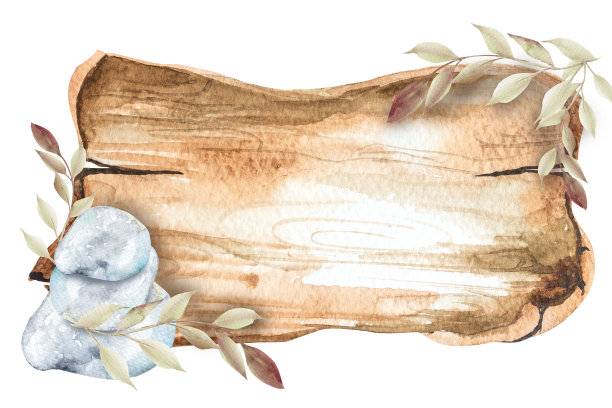 在木板背景上有树叶和石头金字塔的树枝。玄学，按摩，水彩插画，手绘图片下载