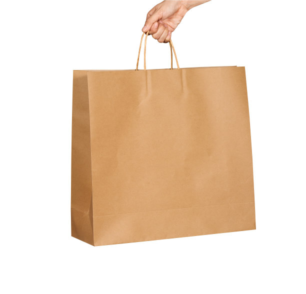 采购产品牛皮纸袋礼品袋，外卖处理，零售包装，棕色扭曲的花处理，在白色背景上图片下载