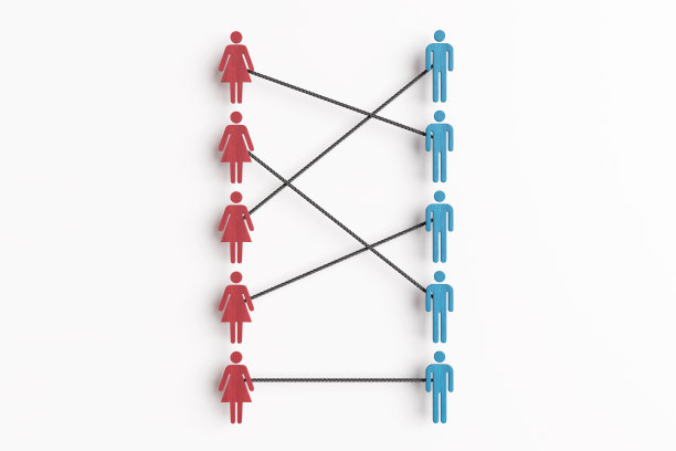 红色女性和蓝色男性的木板通过白色背景上的黑色弦连接到相反的性别。情侣配对和约会应用程序和服务的概念说明图片下载