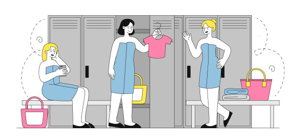 健身房的女更衣室。年轻的女孩们在训练后用毛巾换衣服。积极的生活方式和运动。健身和锻炼。线性向量图解图片下载