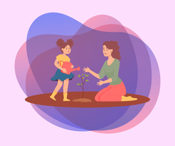 母亲和女儿浇灌树平面矢量插图图片下载