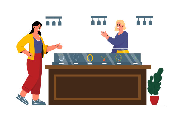 珠宝店里的女人。年轻女孩买珠宝和昂贵的配饰。金耳环、手镯、项链和镶有钻石的戒指。平面矢量图图片下载