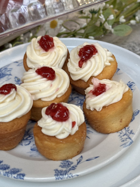 蛋糕架上升起的玻璃圆顶蛋糕钟的特写图像，蛋糕架上有白色和蓝色的花朵图案的维多利亚海绵纸杯蛋糕盘，香草纸杯蛋糕顶部有黄油奶油和樱桃果酱的漩涡，餐厅咖啡厅柜台，重点在前景图片下载