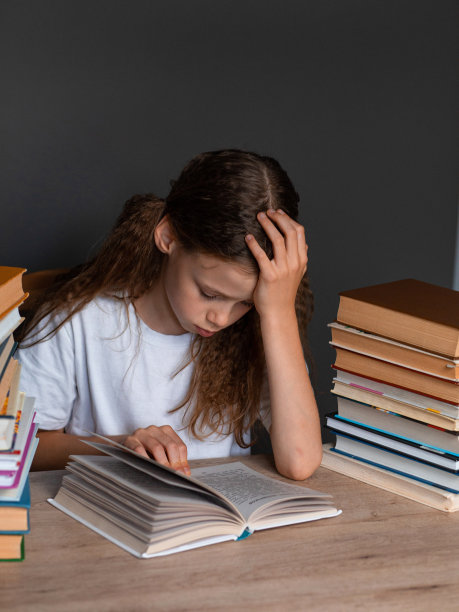 一个穿着白色t恤的女孩坐在书中间的桌子旁读书，用手枕着头，枕在灰色的背景上。学习和作业。孩子在学校的压力。准备考试。学校科目导师。学校里信息过多。图片下载