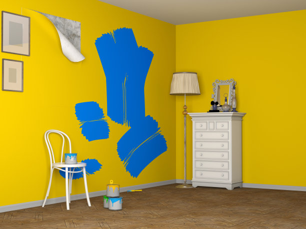 这张照片拍摄的是一个房间，新粉刷的明亮的墙壁，图片下载