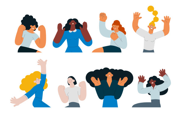 在白色的背景上，不同肤色的女员工欢快地在空中跳跃。现代平面矢量插图。社交媒体概念。图片下载