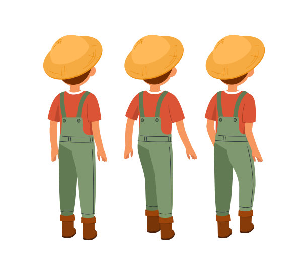 男性农民建筑工人。从后面看到一个男孩。用于创建动画的工具包。包人物在各种姿势。农业和农业。平面矢量集合图片下载