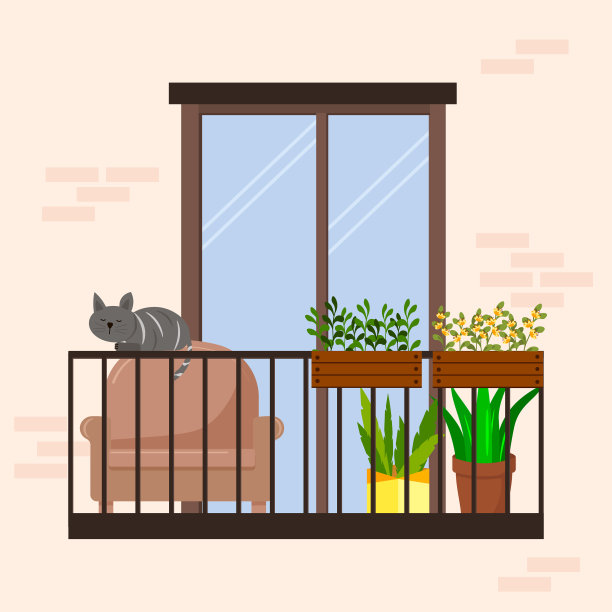 阳台上有花和一只猫。柔软的椅子，花盆和盒子里的植物。图片下载