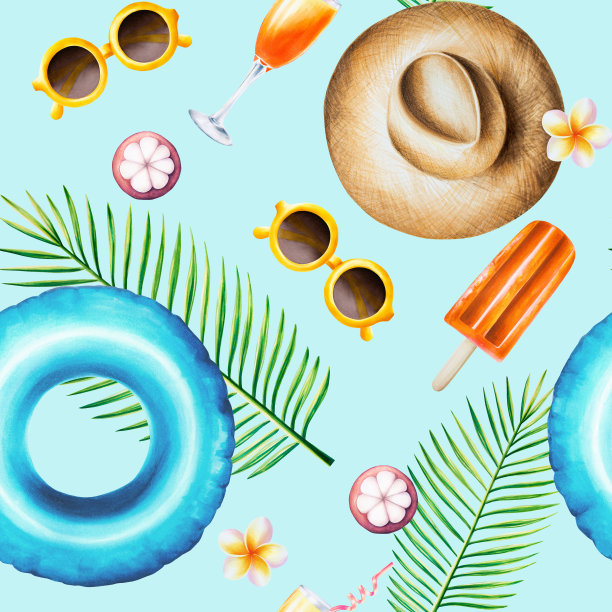热带无缝图案与水果冰淇淋，吸管鸡尾酒，山竹，草帽，太阳镜，游泳池浮动，背景孤立的鸡蛋花。夏季手绘水彩插画。适合设计师，水疗装饰，明信片，婚礼图片下载