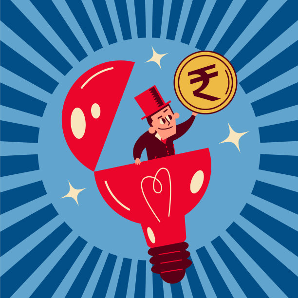 从打开的灯泡中出现并展示金币的商人图片下载