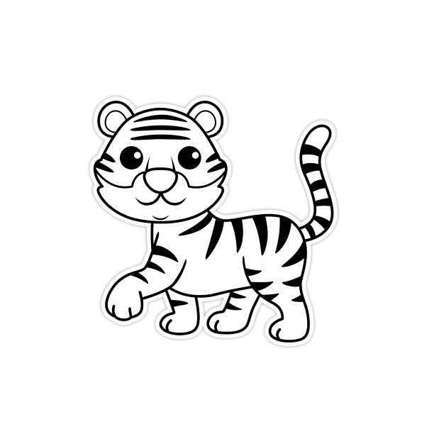 快乐的老虎幼崽带着微笑走路的矢量插图黑白图纸为孩子们学习根据图片着色。图片下载