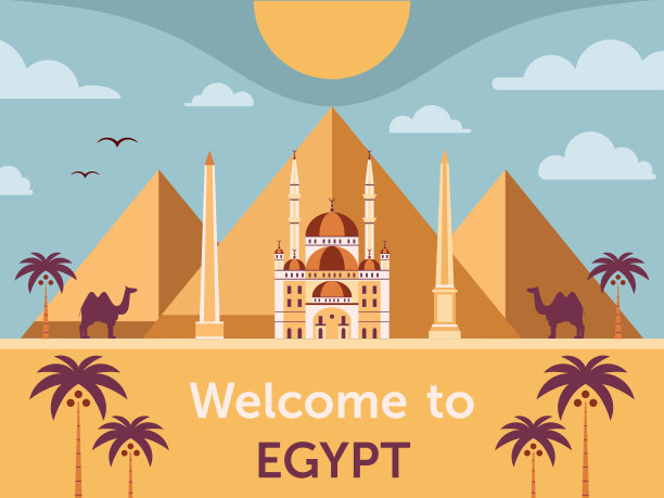 骆驼在埃及沙漠中的金字塔和清真寺图片下载