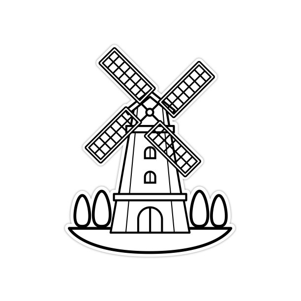 经典砖风车站在草地上的矢量插图黑白图纸为孩子们学习根据图片的颜色。图片下载