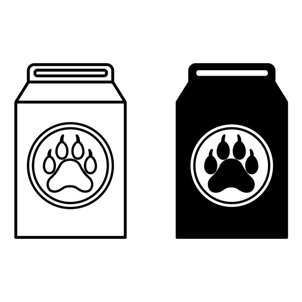 宠物食品图标。黑色和白色矢量图标。干饲料包装与牵爪。猫狗餐。宠物的概念图片下载