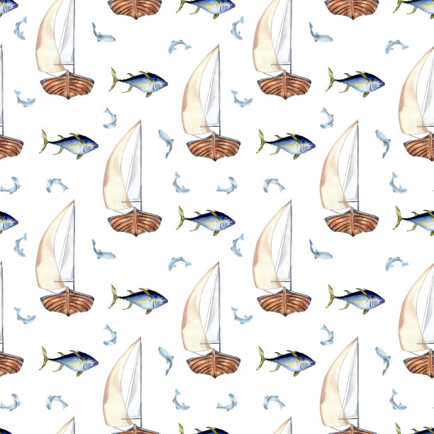 航海水彩航海图案。帆船与鱼金枪鱼手绘无缝设计。鱼和船在背景孤立。海洋生物元素用于纺织、包装、印刷品图片下载