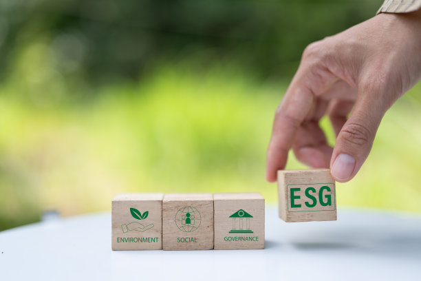 环境、社会和治理的ESG概念。可持续发展和道德商业。商人持有木质立方体文字“ESG”周围的ESG图标在美丽的白色背景。本空间图片下载
