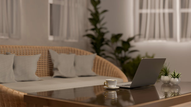 夜晚，在明亮的斯堪的纳维亚客厅里，咖啡桌上放着一台笔记本电脑。后视图图片下载